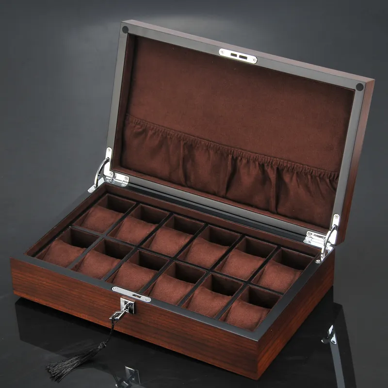 Novo 12 slots de madeira relógio organizador luxo relógios titular caso jóias presente caixas caixas de armazenamento de madeira com lock247h