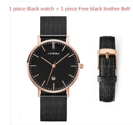 SINOBI MENS WATCHEN MALE BUSINESS Edelstahl -Netzbandkalender Quarz Armbanduhr Einfache analoge Männer beobachten Lederband Set330v
