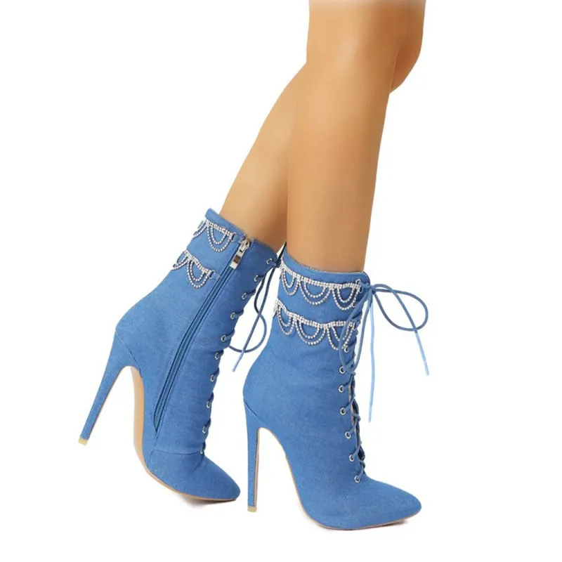 Rontic Kadınlar Denim Ayak Bileği Çizmeler Kristal Çapraz Bağlı Stiletto Yüksek Topuklu Çizmeler Sivri Burun Mavi Ofis Ayakkabıları Kadın Artı Boyutu 4-15