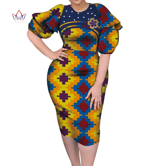Afrikaanse vrouwen kleding dashiki bazin riche vrouwen jurk traditionele print peals jurken voor dame elegante jurk knielengte WY7244
