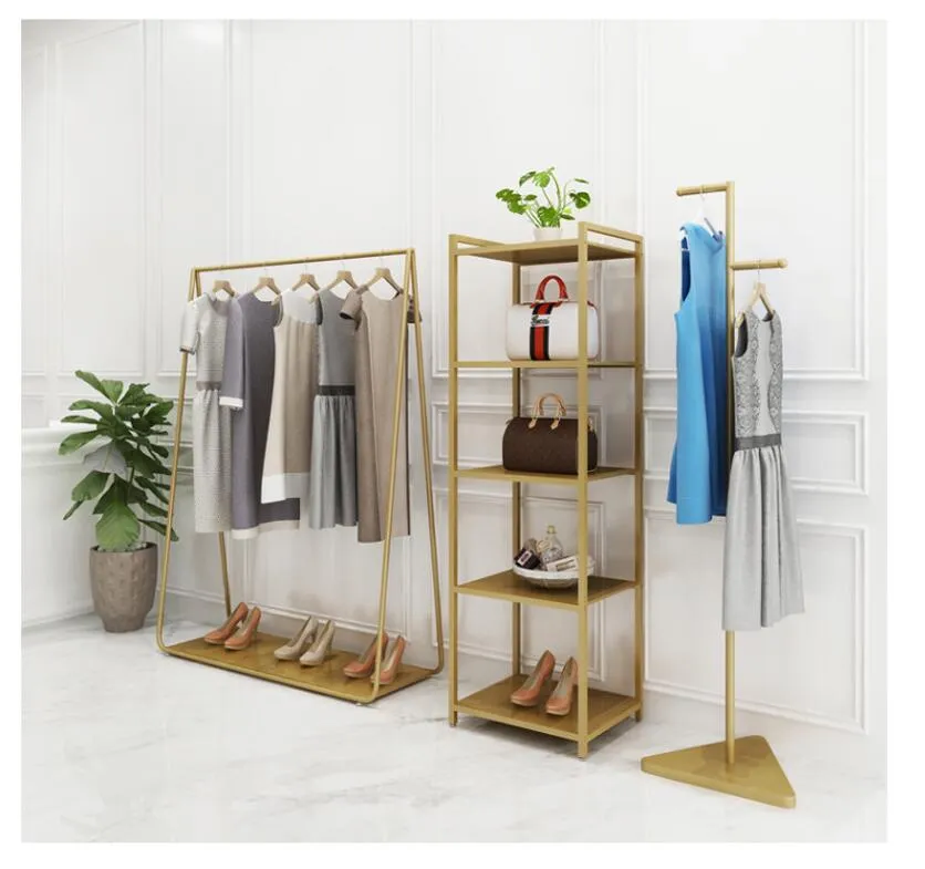 رفوف الملابس الذهبية الأثاث غرفة نوم هبوط معطف في متاجر القماش الذهب حديد الحديد إطار حذاء متعدد الوظائف