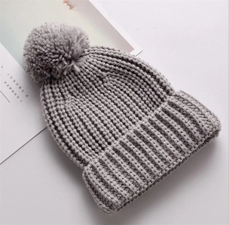 Cute Baby Knitted Hat Fashion Kids Warm Winter Soft Fur Pom Ball Caps Candy Color Crochet Beanie Cap DC668