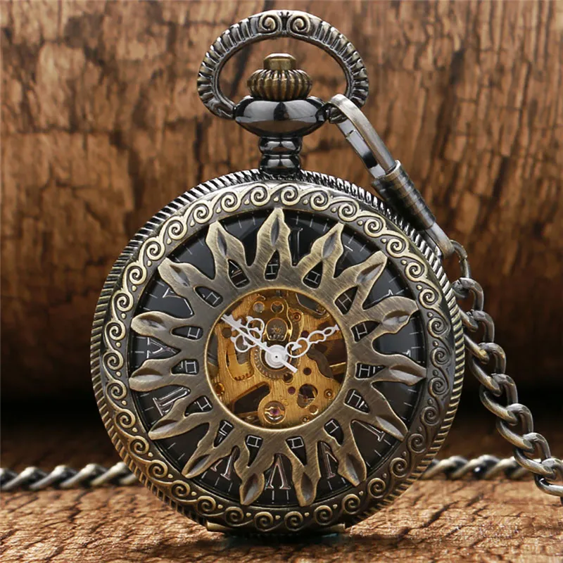 Стимпанк Антикварные черные золотые бронзовые карманные часы Скелет Механические часы с ручным заводом Мужские женские часы FOB Кулон-цепочка Gift236U