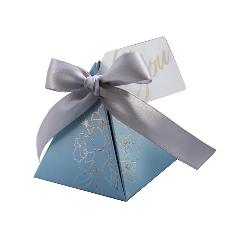 Gift box fold small paper high-end pyramid shape blue wed candy box chocolate packaging with bow