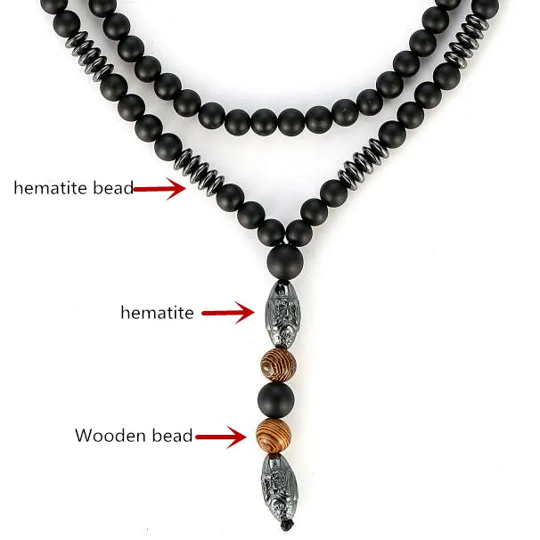 Natürliche schwarze Hämatit-Schnitzperlen-Halskette, schwarzer Buddha-Lava-Mala-Stein, Holz-Rosenkranz-Perlen-Anhänger2609
