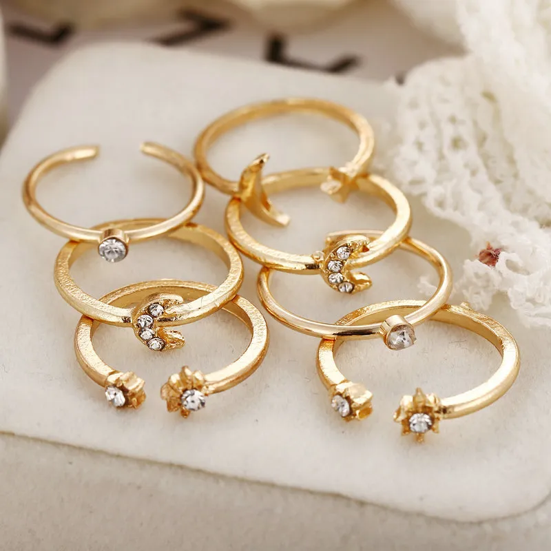 Women Bohemian Ring Moon Star Style Creative Retro Geometric Metal Joint Rings Set Fashion Jewelry / set