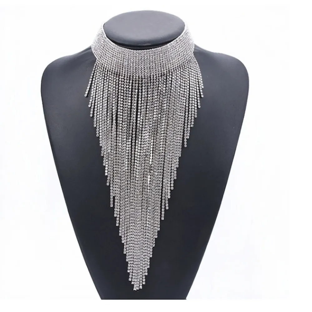 Mehrschichtige volle Strass lange glänzende Quaste Halskette für Frauen Kristall Kragen Halsband Halskette Kette Schmuck Statement Halskette C3861030