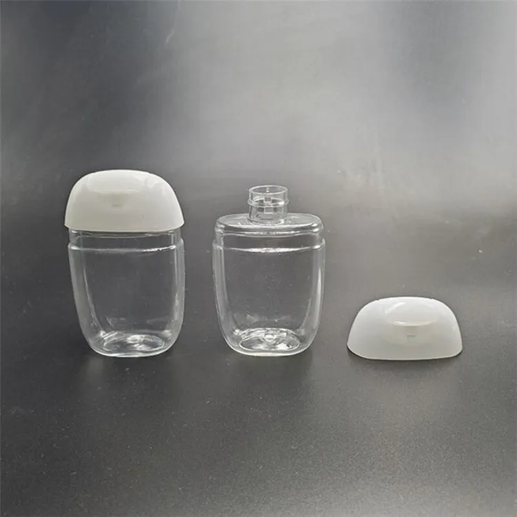 Bouteille de désinfectant pour les mains portable de 30 ml en plastique PET vide demi-rond avec capuchon rabattable pour enfants transportant du désinfectant liquide clair pour le corps, bouteilles de crème de savon