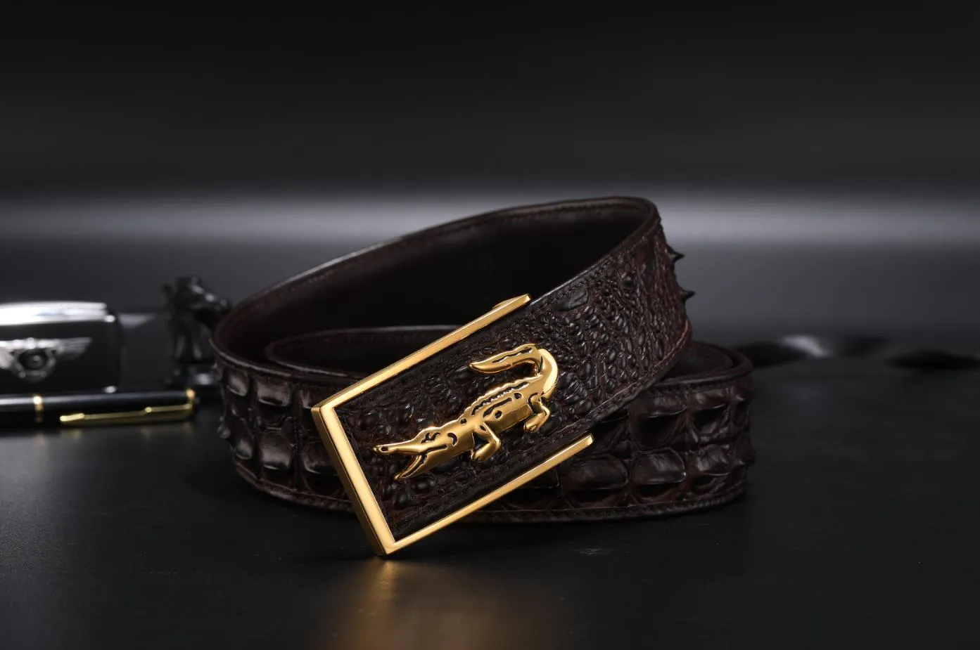 fashion business and leisure men designer belts crocodile skin material steel qualitative smooth buckle belt Width is 3 8 cm224i