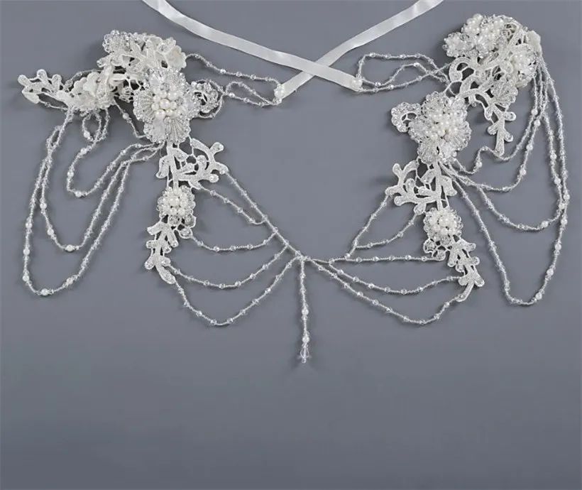 Mariage mariée dentelle Wrap collier perles perles corps complet épaule chaîne robe veste perles cristaux boléro blanc charmant Orname279s