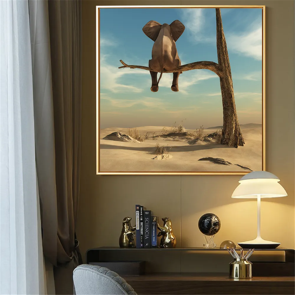 Cuadros artísticos de pared, pintura en lienzo minimalista moderna, elefante divertido, árbol, carteles de estilo nórdico, impresiones, decoración del hogar, imagen para habitación de niños 4966494