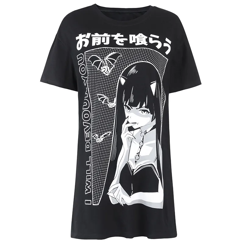InsGoth Harajuku Loose Long T-shirts Mujeres Gothic Streetwear Oversize Black T-shirts Grunge Impreso Moda Mujer Vintage Tops MX200721