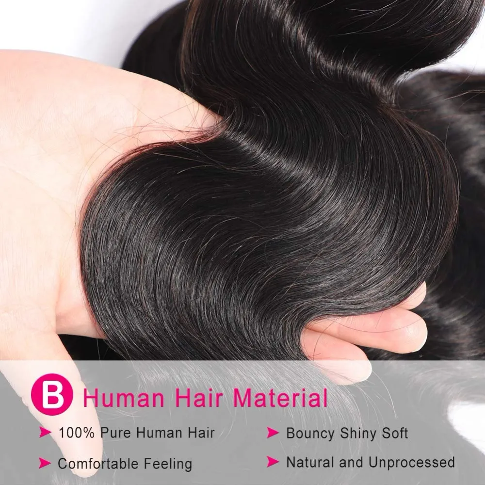 Cabelo humano brasileiro tece pacotes de onda do corpo com cabelo humano frontal 3 pacotes com 13x4 laço frontal cabelo brasileiro81317029533510
