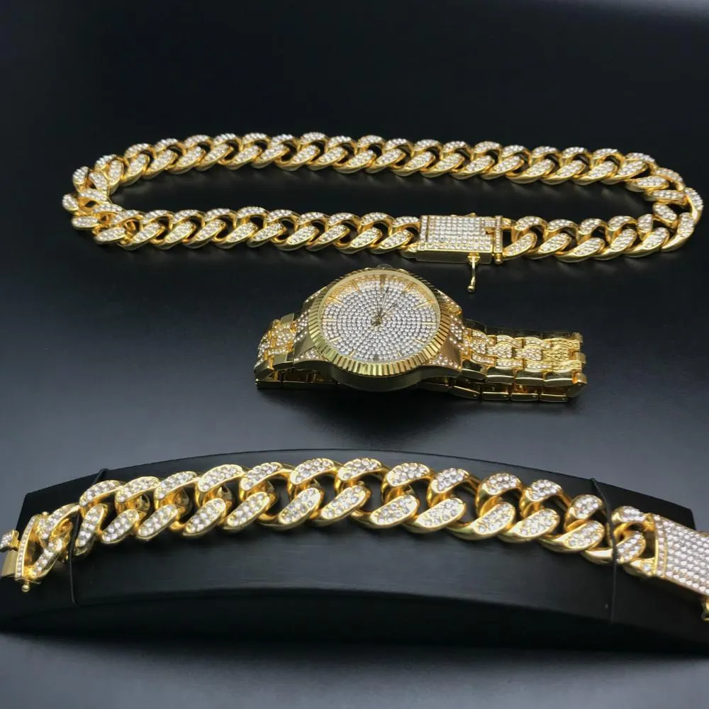 2 cm Hip Hop color oro ghiacciato cristallo Miami catena cubana oro argento orologio da uomo collana bracciale set Hip Hop King New2754