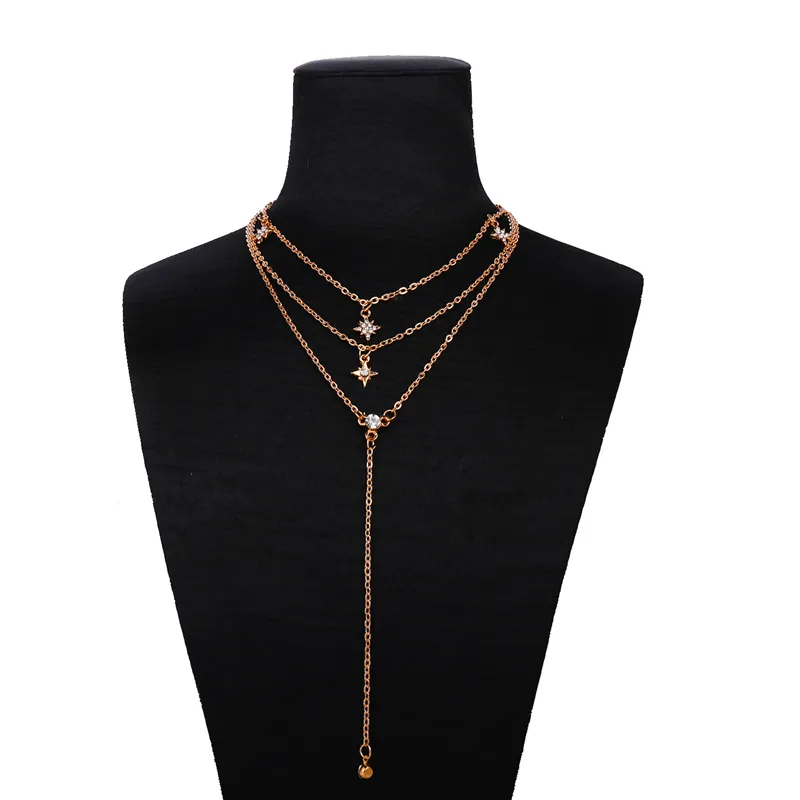 Kvinnor Bohemiska guldkristall Multi-Layer Pendant Halsband CLAVICLE CHAIN ​​Retro Alloy Layered Necklace Set Fashion Jewelry