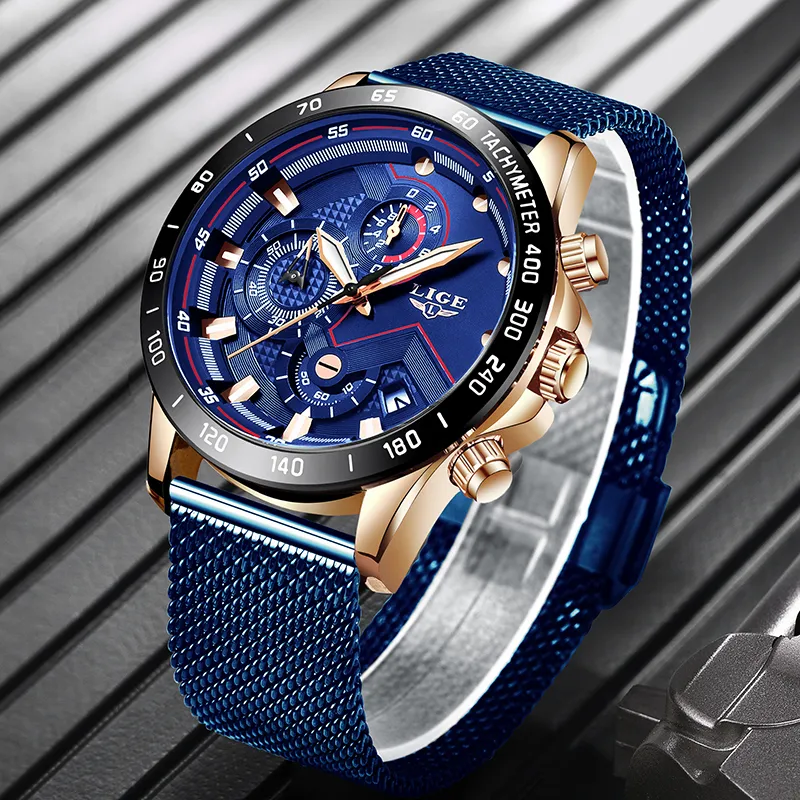 LIGE mode hommes montres haut de gamme montre-bracelet de luxe horloge à Quartz montre bleue hommes étanche Sport chronographe Relogio Masculino C279i