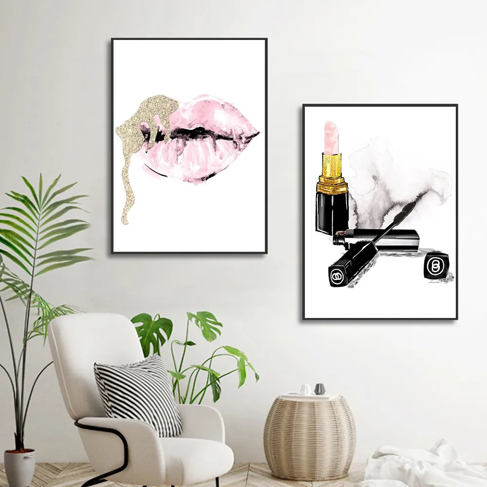 Pink Lips Print Perfume Poster Lipstick Makeup Wall Art Painting Fashion Posters And Prints Flower Wall Pictures Bedroom Decor6497270