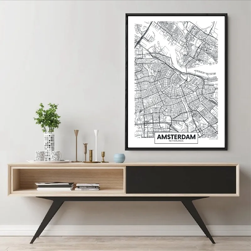 Modern City Amsterdam Map Minimalist Canvas Måla svart och vit väggkonsttryck Poster Bilder för vardagsrum Heminredning3200063