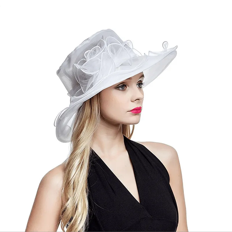 Lawliet Blanc Chapeaux D'été pour Femmes Dames Organza À Large Bord Soleil Kentucky Derby Mariage Église Fête Chapeau Floral Casquette A002 Y200619253b