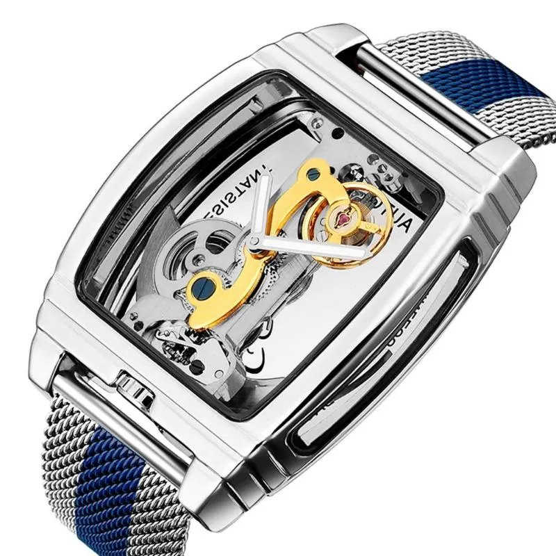 Creative ze stali nierdzewnej Automatyczne zegarki mechaniczne Mężczyźni Tourbillon zegarki Transparent Steampunk Szkielet Selfing Clock12953