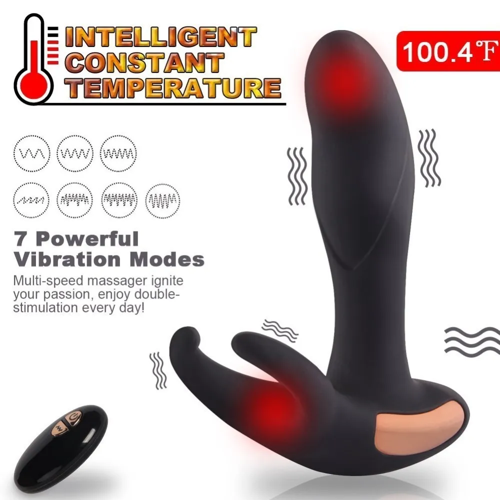 Juguetes sexuales anales Calefacción remoto inalámbrico Masajeador de próstata masculino Recargable Vibrador de punto G con 7 modos de vibración y 2 motores CX200724