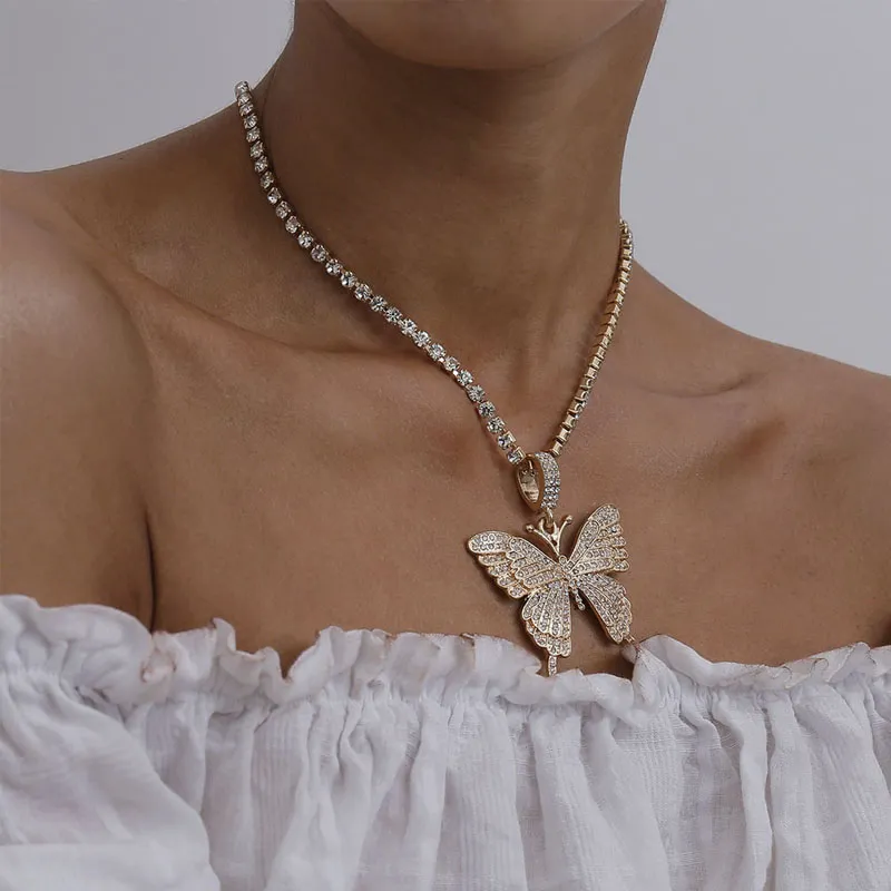 Avseende stor fjärilshänge halsband CZ Rhinestone Chain för kvinnor som bling tenniskedjan Crystal Choker Halsband Hip Hop Jewelry8173031
