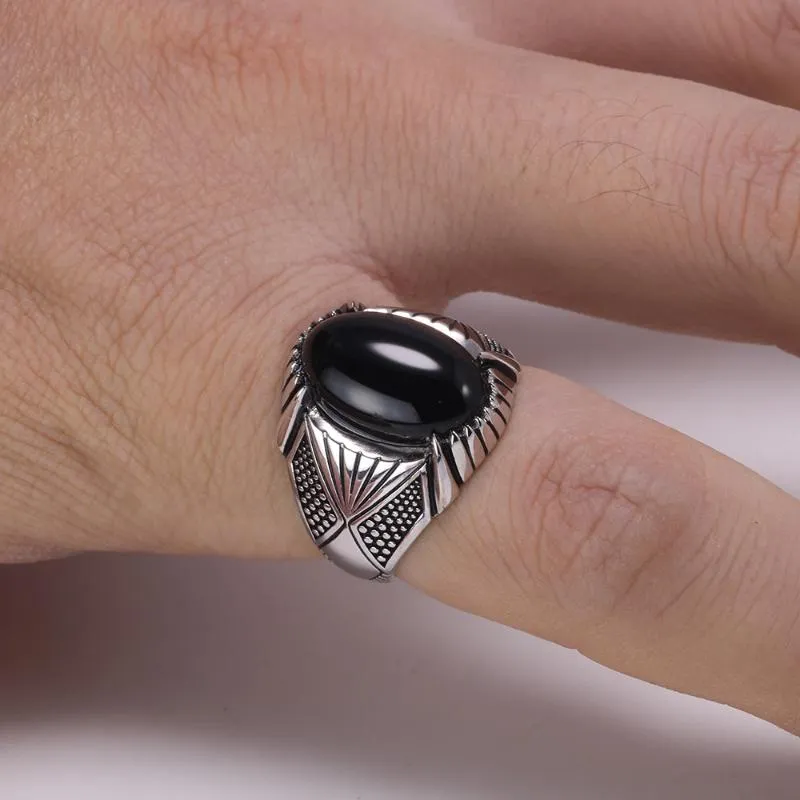 Gwarantowane 925 Srebrne pierścienie zabytkowe pierścień z indyka dla mężczyzn czarny pierścień z kamieniem naturalnym onyksowym biżuterią męską 11903