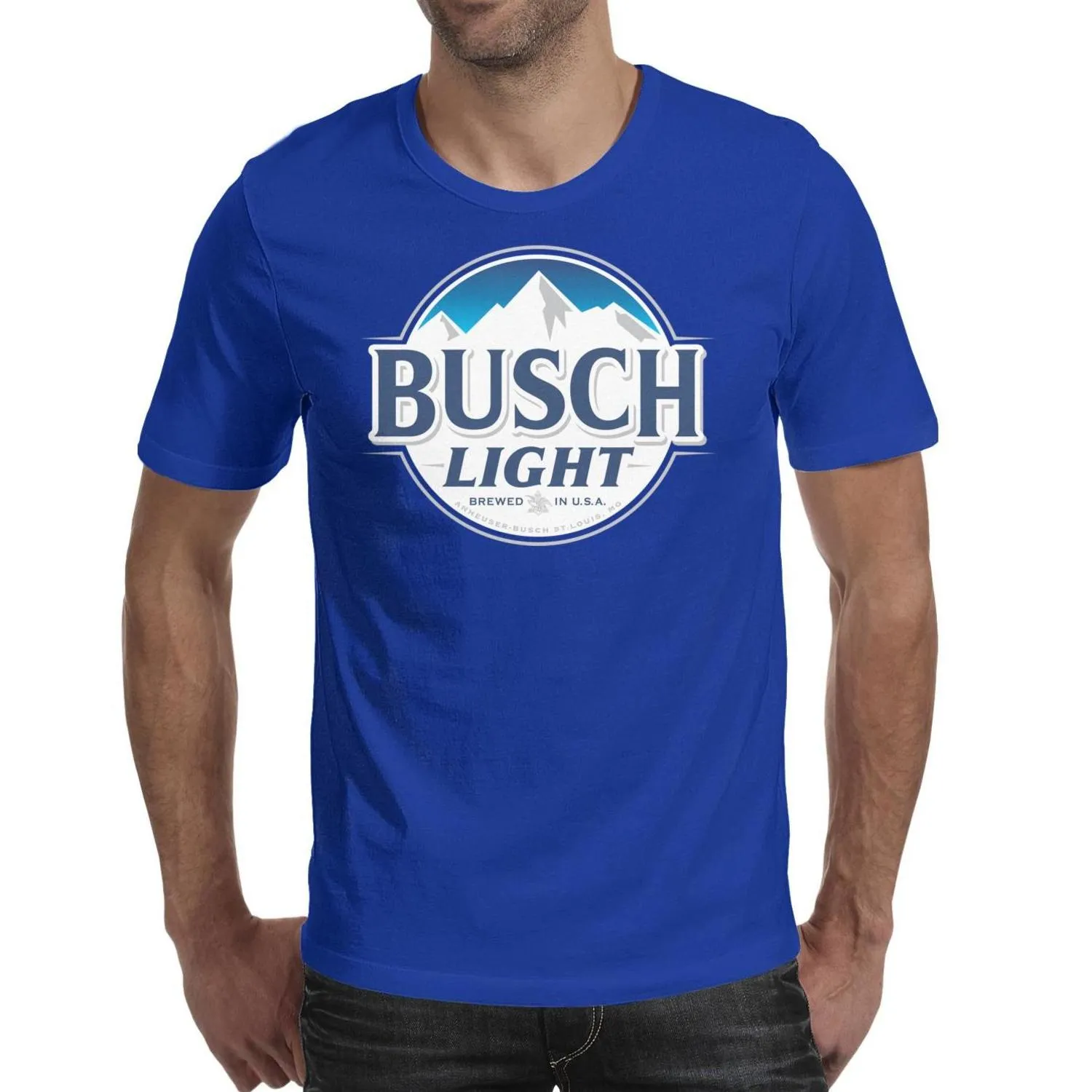 Модная мужская футболка Busch Light Beer синяя с круглым вырезом Дизайн Спортивные рубашки Латте Busch Знак светлого пива Проблемный задний край Pike Br5428292