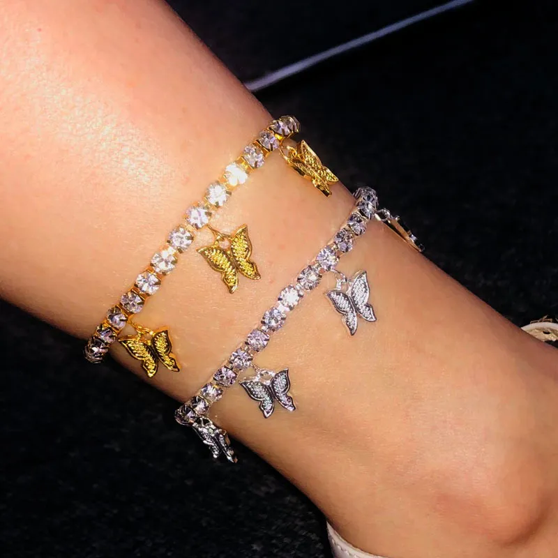 Stonefans Gold Butterfly Tennis Anklet Rhinestone Jewelry for Women Crystal Butterfly Pendant Anklet Beach Foot Chain Bracelet T209945282