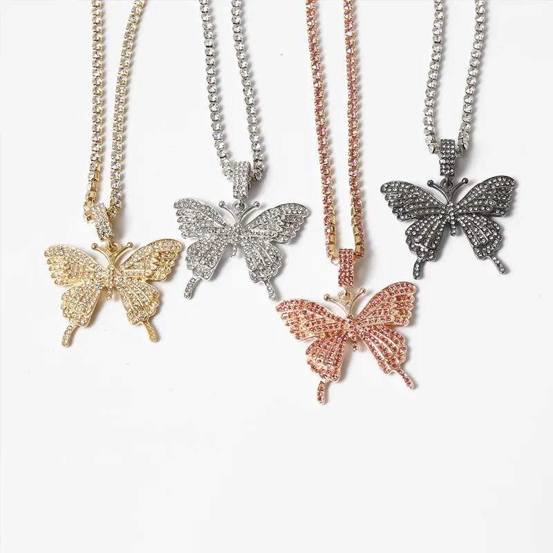 Statment Big Butterfly Pendant Necklace Hip Hop Iced Out Rhinestone Chain for Women Bling Tennis Chain Crystal Animal Choker Jewelry287d