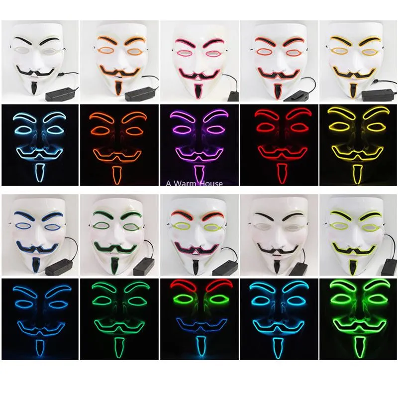 Máscara de néon v para vendetta rímel led guy fawkes máscara máscaras festa rímel halloween brilhante masker luz maska scary266a