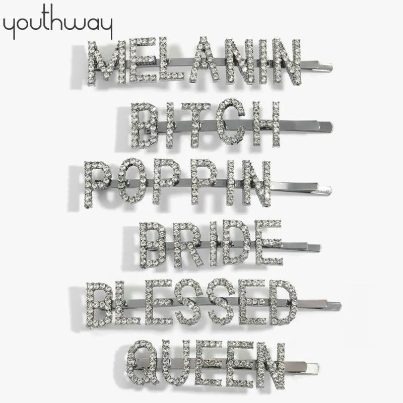 Chic Word Hairpins Bobby Pins Rhinestones asfalterade pistolsvart namn Hårklipp Girls Crystal Bling Bridal Styling Tool Barrette308s