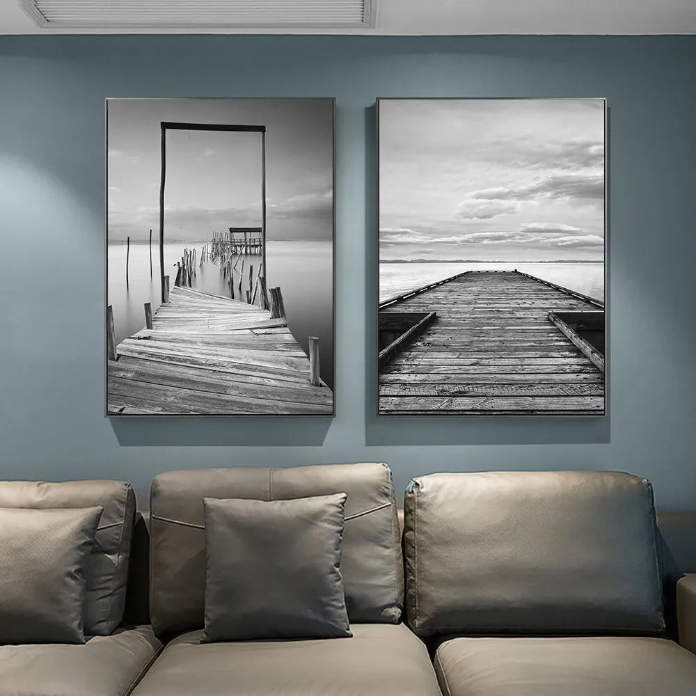 Pittura di paesaggio in bianco e nero Molo di legno Ponte Stampa artistica su tela Pittura Nordic Poster Immagini a parete soggiorno8765562