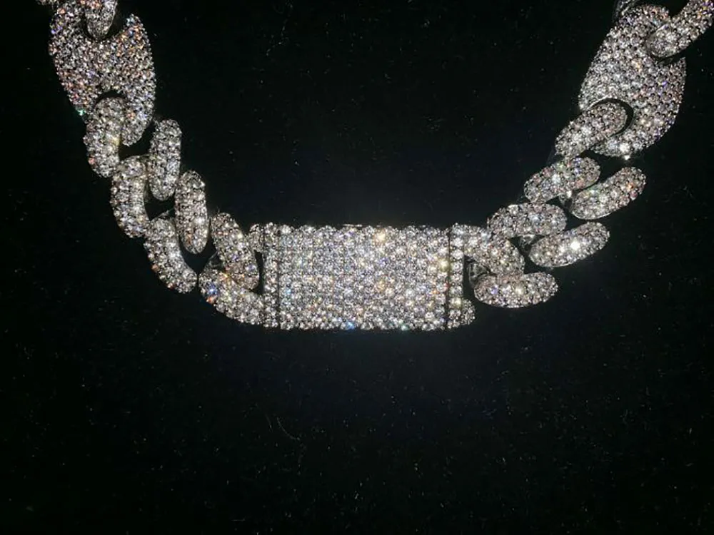 Collier de chaîne de diamant à maillons ovales cubains glacés de 20 mm, bijoux en zircone cubique plaqué or blanc 14 carats, chaîne cubaine Mariner de 16 à 24 pouces341S
