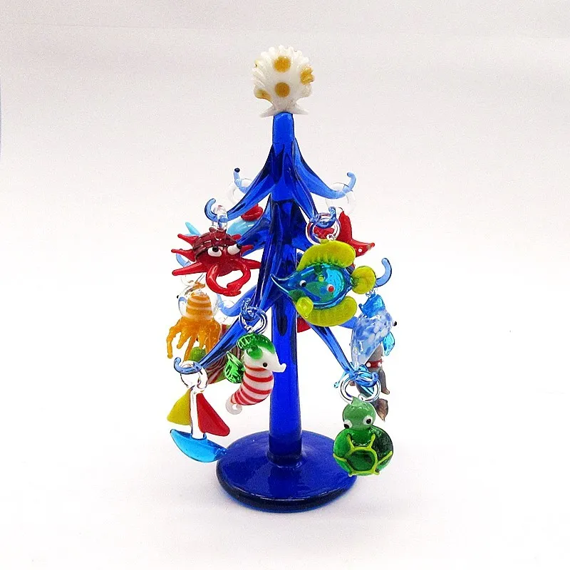 Fait à la main en verre de Murano bleu foncé en forme d'arbre de Noël ornement maison décoration d'aquarium avec 12 pièces pendentif figurine d'animal marin T1836650