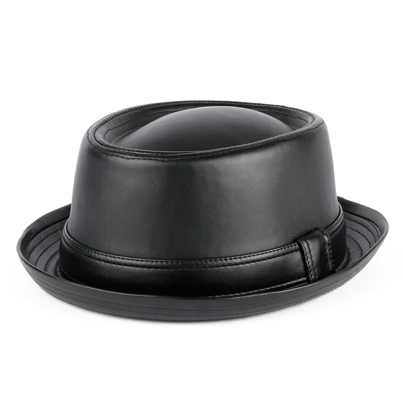 Chapeau Fedora en Faux cuir unisexe, à la mode, classique, pour homme, à dessus plat, 3995380