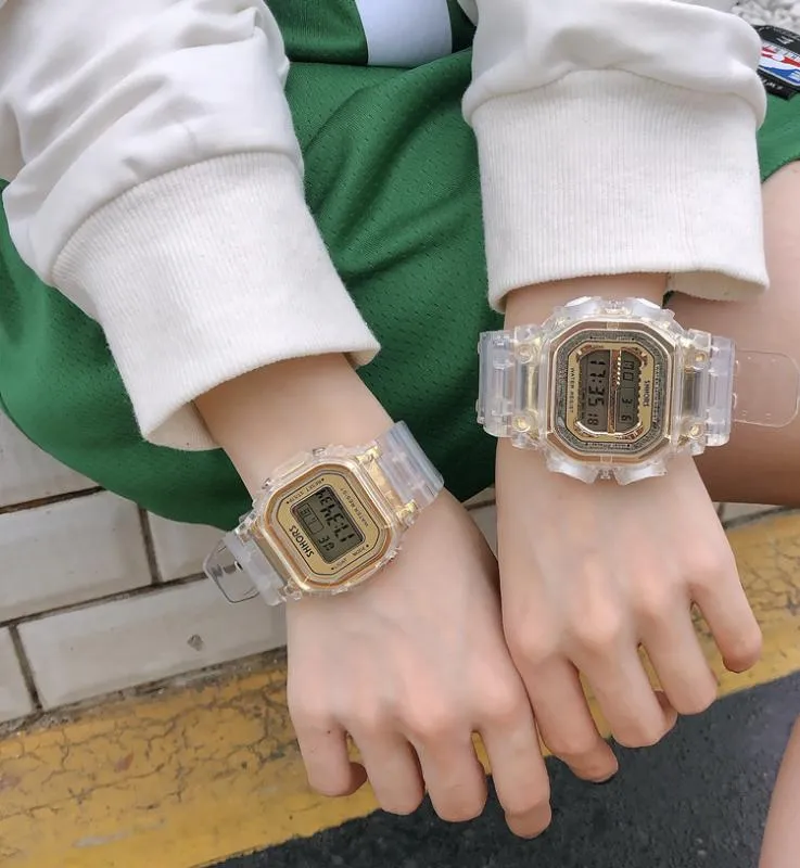 Модные мужские и женские часы, золотые повседневные прозрачные цифровые спортивные часы, подарок для влюбленных, водонепроницаемые детские детские Wrist227p
