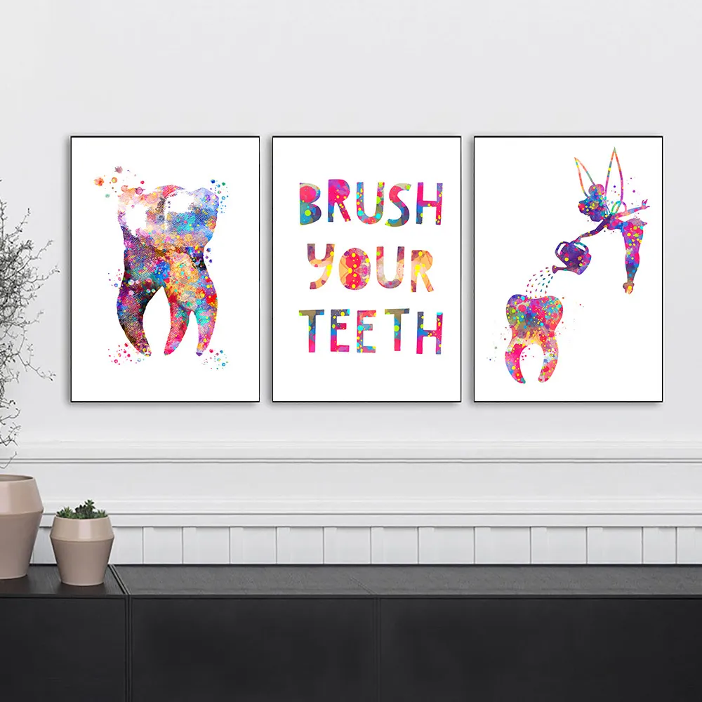 Plakat dentystyczny ząb Watering Watering Wall Art Płótna drukuje akwarela malarska klinika Dentysta dekoracja ścienna zdjęcia dla dzieci pokój 4753706