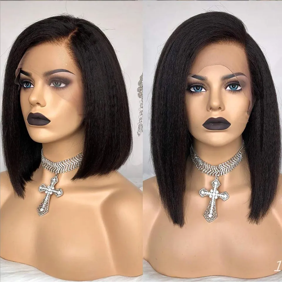 8 polegada natureza curto cabelo humano brasileiro laço completo 136 curto bob frente do laço perucas de cabelo humano para as mulheres kinky cabelo reto pré pluc7537238