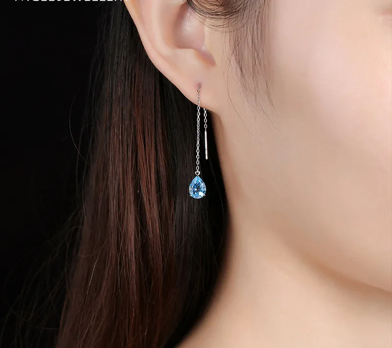 Jewelry Set Water Drop Sapphire Ring Long Tassel Ear Chain Mermaid Tears Necklace Blue Topaz Bracelet3038