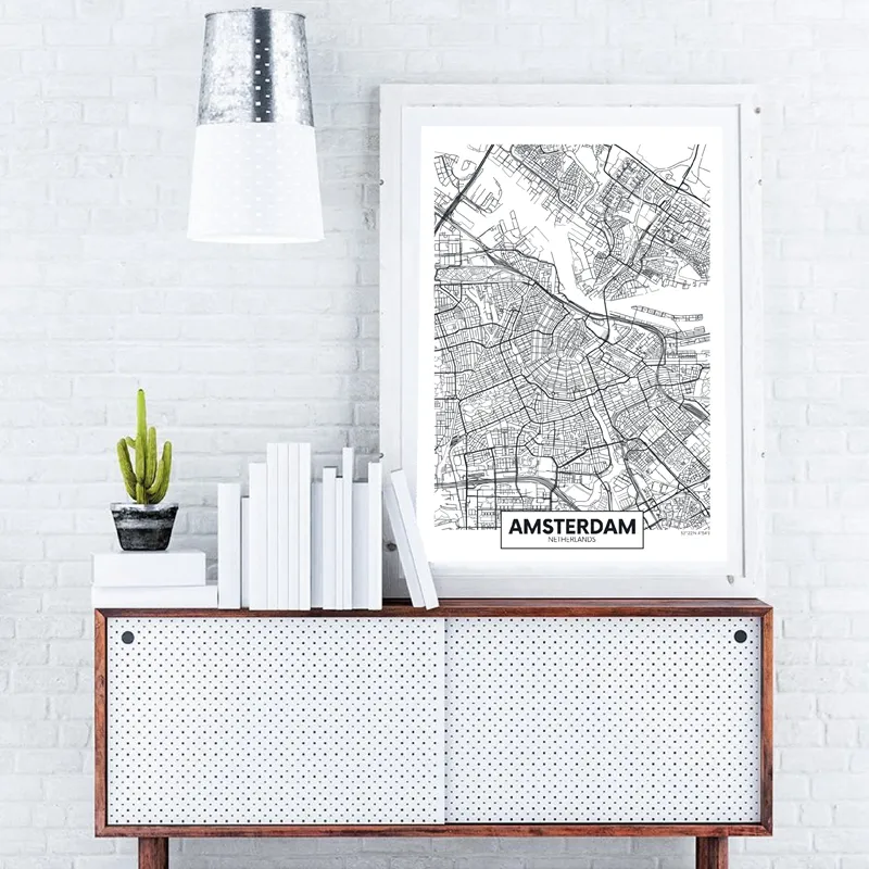 Modern Şehir Amsterdam Harita Minimalist Tuval Boyama Siyah ve Beyaz Duvar Sanat Baskı Poster Resimleri Oturma Odası Ev Dekor5066102