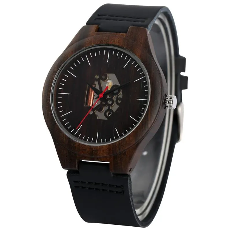 REDFIRE gravure irrégulière cadran creux montre en bois d'ébène hommes mouvement à Quartz noir en cuir véritable montre-bracelet pour hommes boucle ardillon 209d