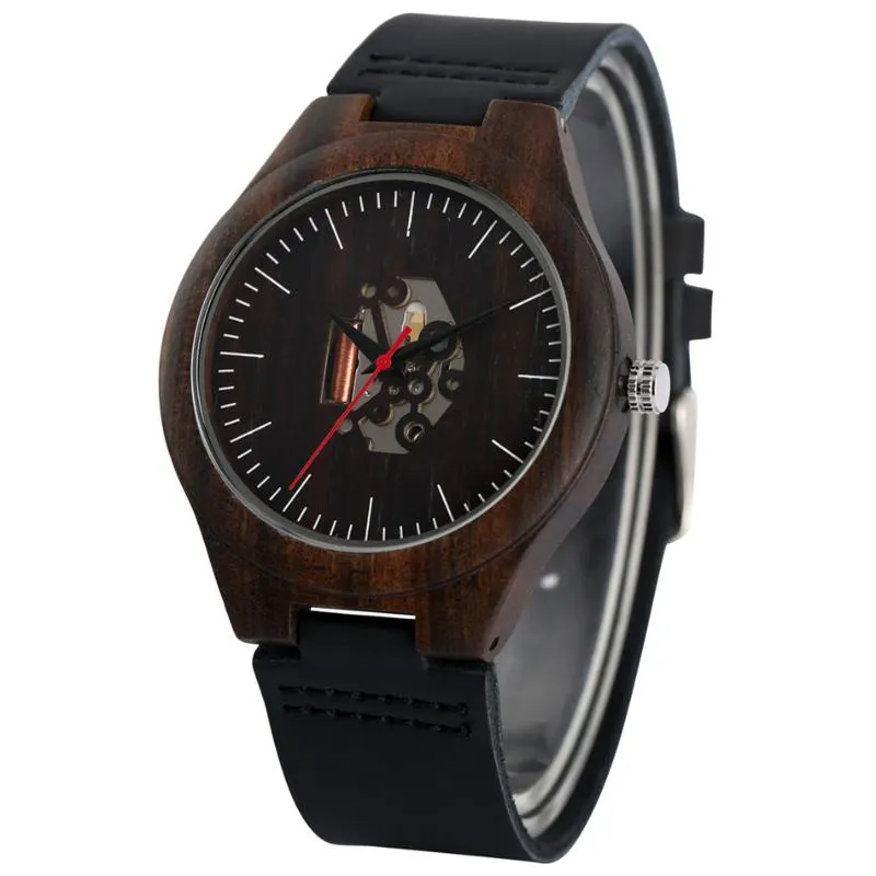 REDFIRE Irregular Engraving Hollow Dial Ebony Wood Watch Men Quartz Movement Black Genuine Leather Mens Wristwatch Pin Buckle248F