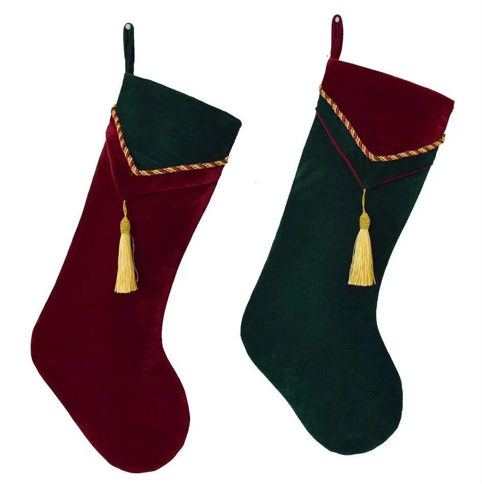 Red Green Velvet Stocking with tassel decoration Socks Christmas stocking New arrvial Set of 2603