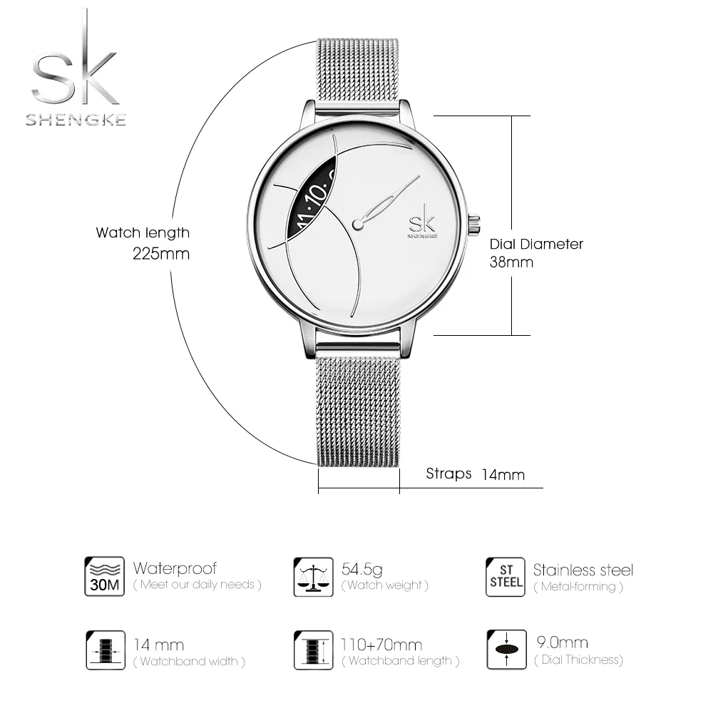 Shengke Women Fashion Watch Creative Lady Casual Watches Stainless Steel Mesh Band Stylish Desgin Silver Quartz Watch for Female C218n