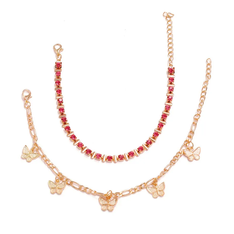 2 stuks set roze kristal steen vlinder hanger enkelbanden voor vrouwen geometrische voet ketting zomer sieraden geschenken319K