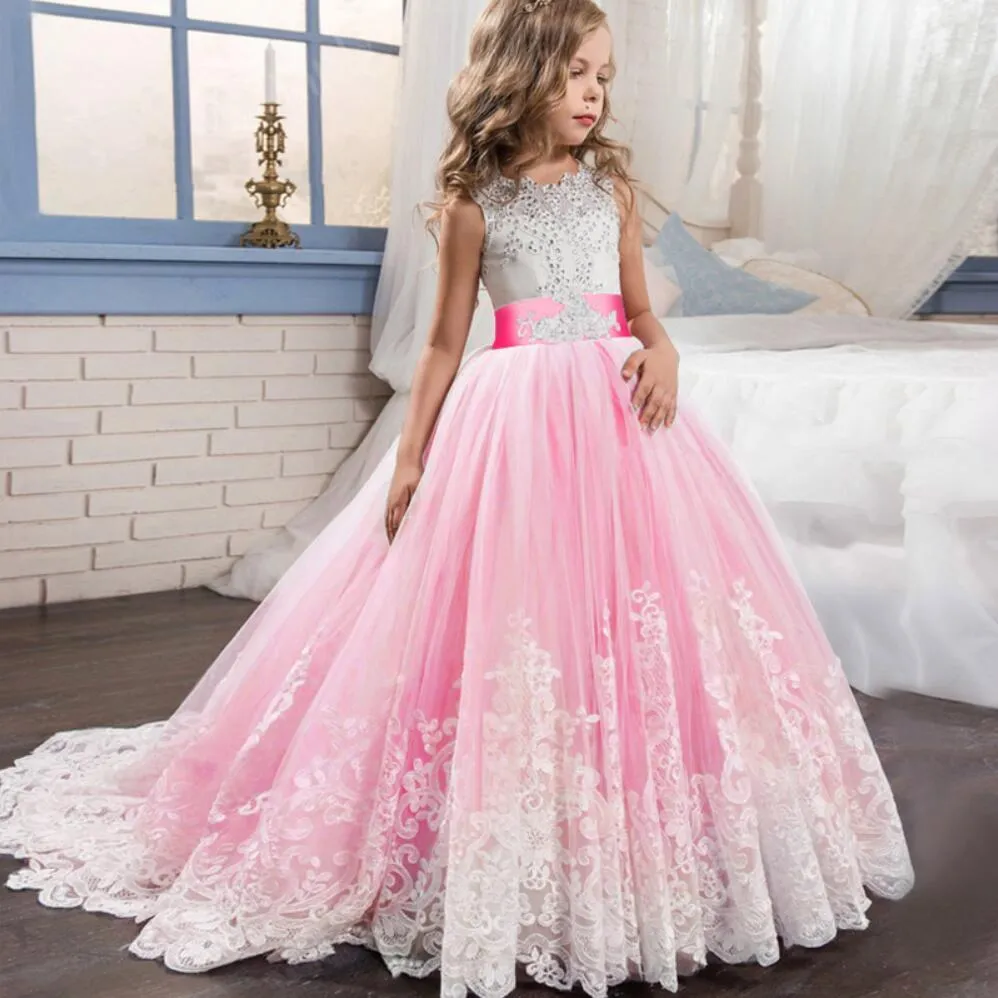 Lace Girls Kids Kinder Hochzeit Blumenmädchen Kleid Prinzessin Party Lange weiße Kleider Teenager Mädchen 6 8 10 12 Jahre formelle Trage T2007098448337