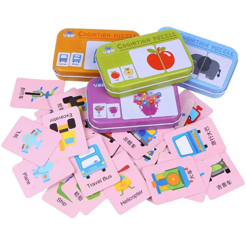 Baby Cognitive Puzzle Cards Educational Toys Matching Game Cartoon Vehicle Animal Fruit English Learning FlashCards For Kids 4 box Sets