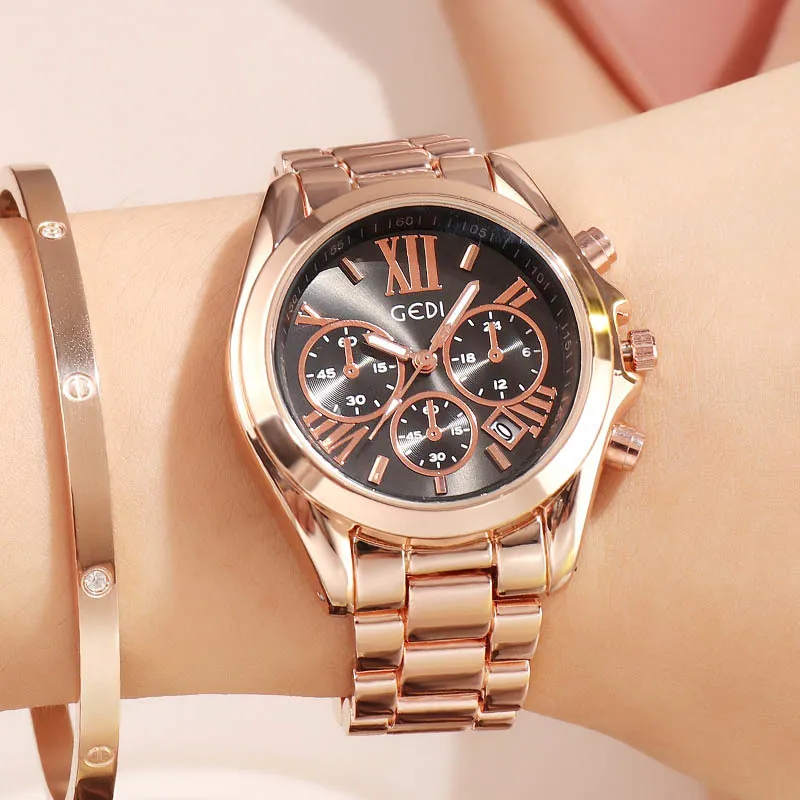 Лучший бренд Роскошные женские часы из розового золота Водонепроницаемые часы с календарем Уникальные кварцевые деловые деловые часы для женщин Золотые женские часы CX200276C
