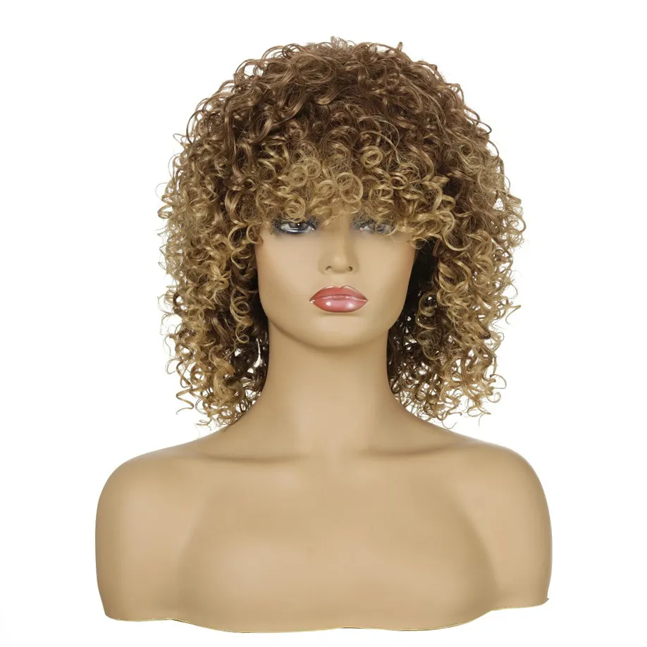 Kort afro kinky lockig peruk blandad brun och blond färg hög temperatur fiber syntetiska peruker JF00353932155
